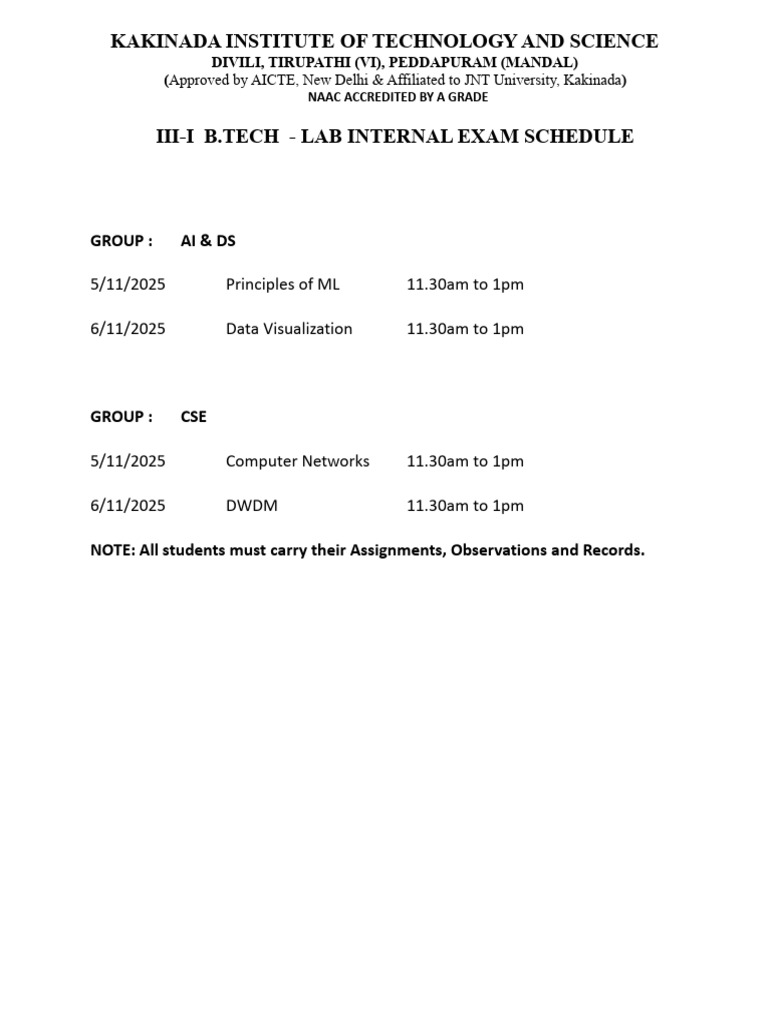 KITS B.Tech Lab Exam Schedule 2025 | PDF