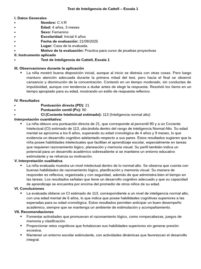 Modelo Informe Psicológico Cattell 1 | PDF | Cociente de inteligencia ...