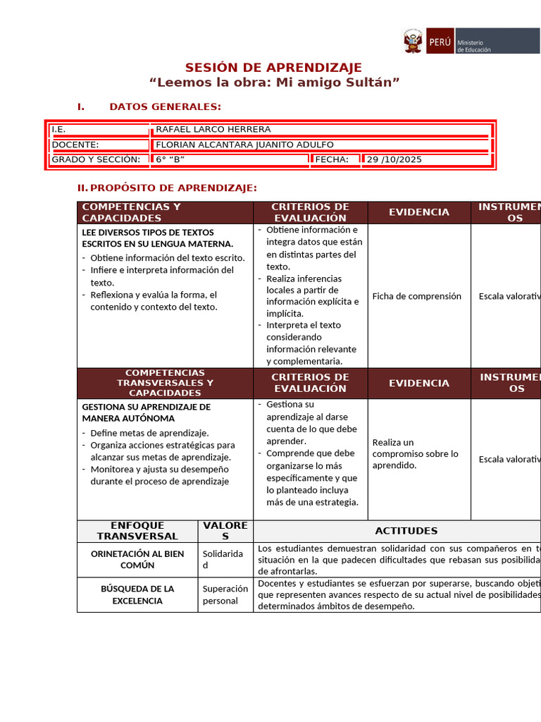 Mier 29 de Oct - Sesion Plan Lector | PDF | Aprendizaje | Evaluación