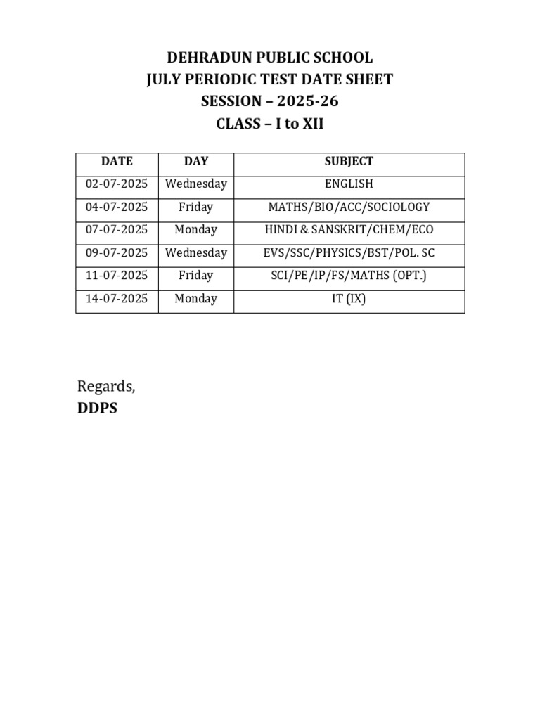 Dehradun Public School July Test Schedule | PDF