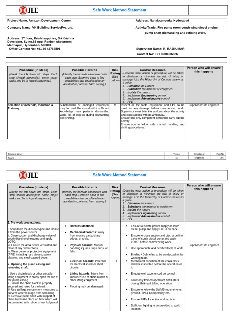 Fire Pump Shaft Dismantling SWMS | PDF | Personal Protective Equipment ...