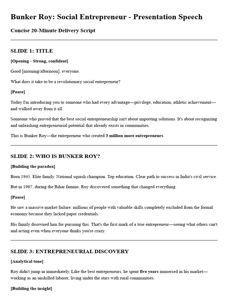 Bunker Roy Presentation Speech Script | PDF | Entrepreneurship | Social ...