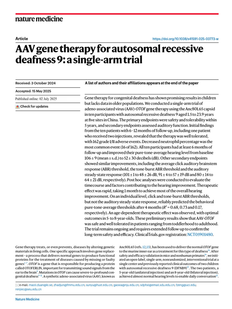 AAV Gene Therapy For Autosomal Recessive Deafness 9 - A Single-Arm ...