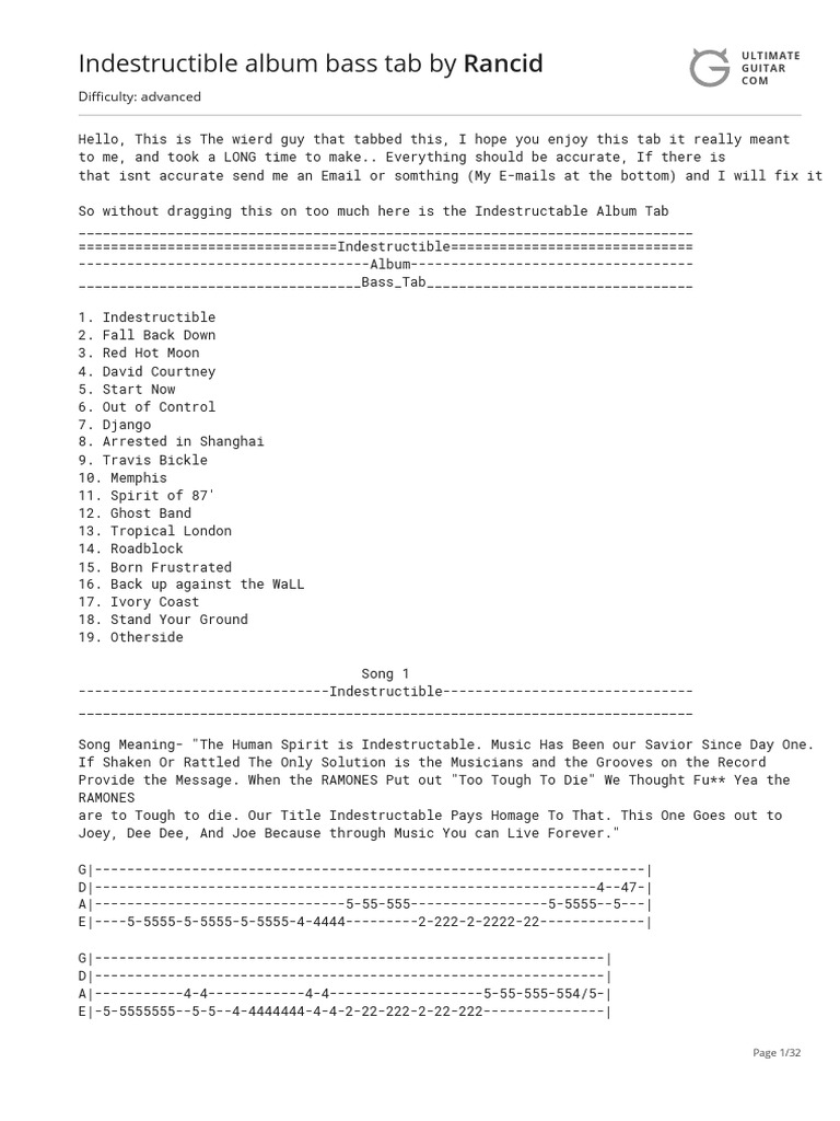 Rancid Indestructible Bass Tab Guide | PDF