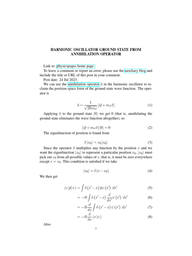Harmonic Oscillator Ground State From Annihilation Operator | PDF ...