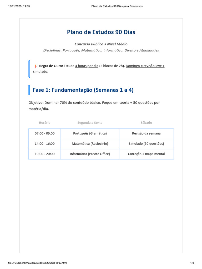 Plano de Estudos 90 Dias para Concursos | PDF
