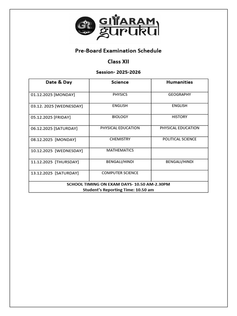 Class XII Pre-Board Exam Schedule 2025 | PDF