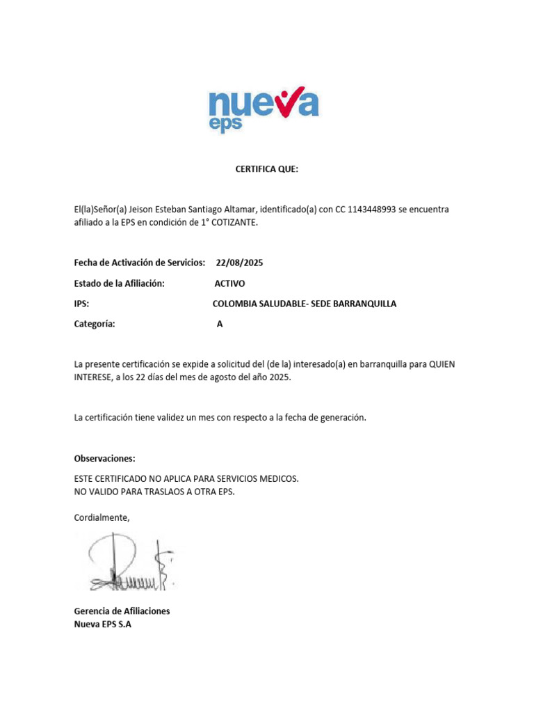 Certificado de Afiliación Nueva EPS | PDF