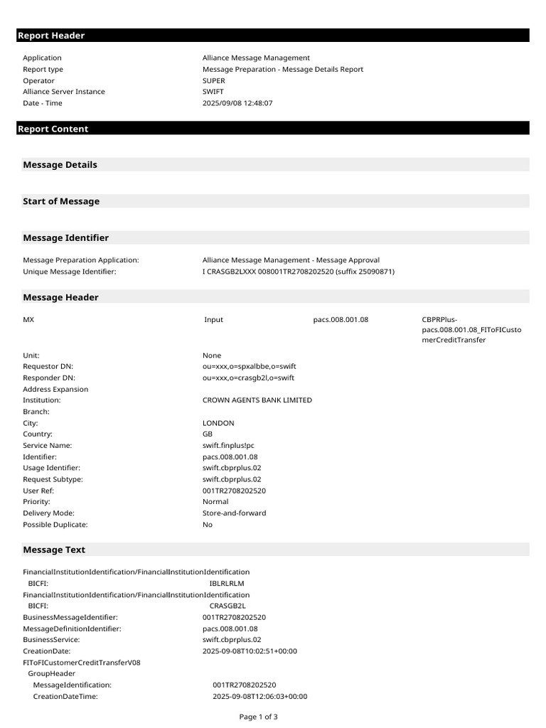 PACS.008 Message Details Report | PDF | Computing