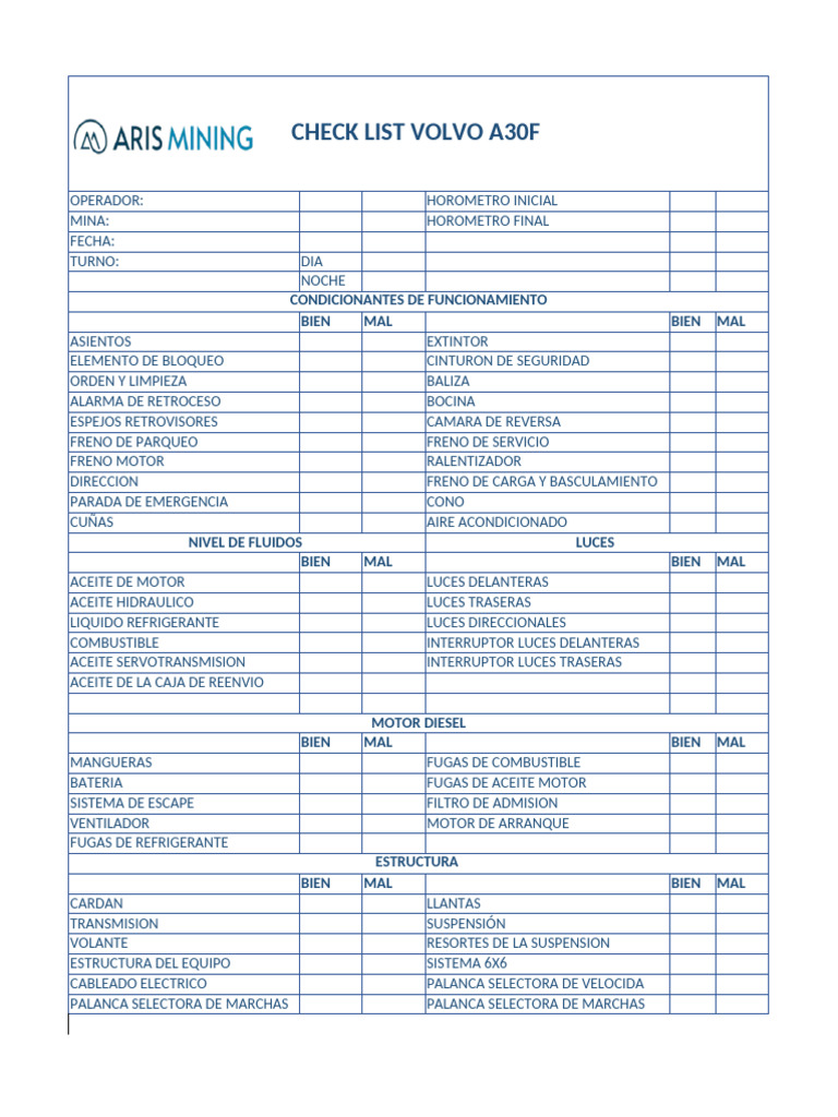 Check List de Operación Volvo A30F | PDF | Refrigerante | Vehículo de motor