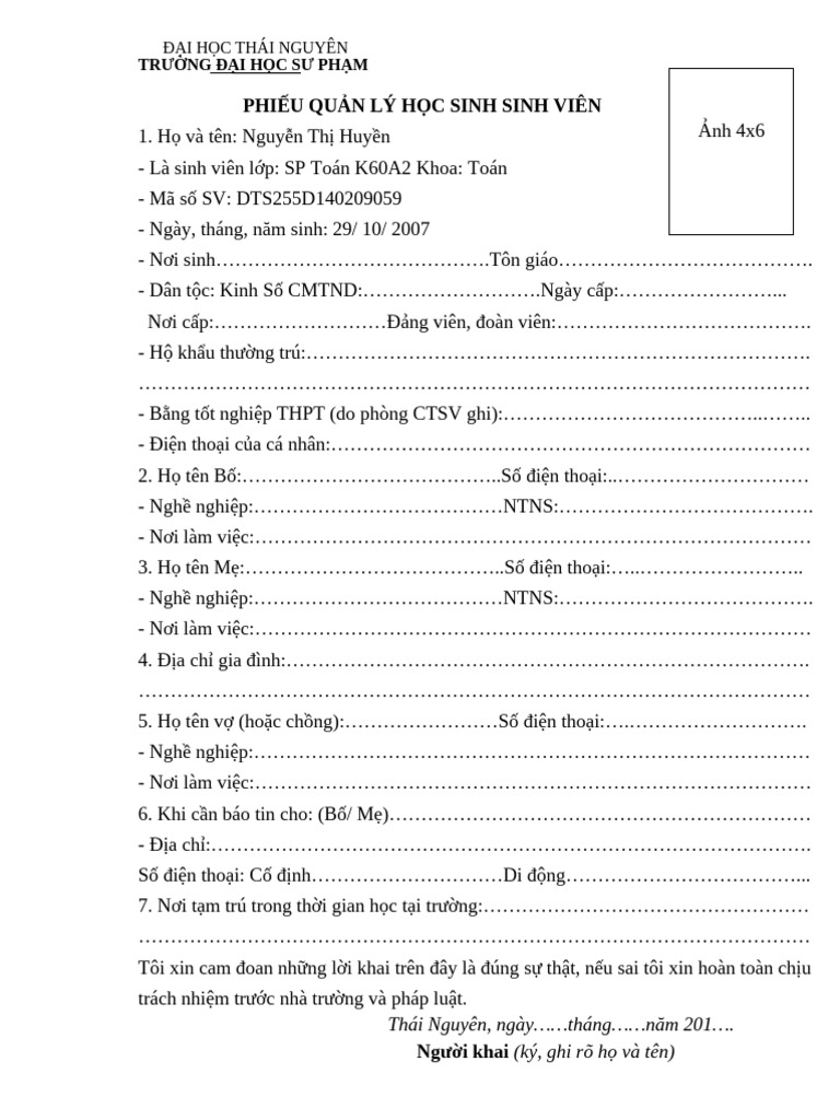 PHIẾU QLSV (1) | PDF