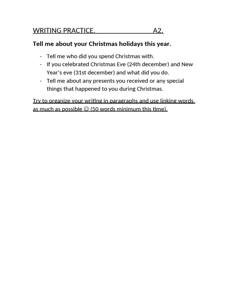 A2 Christmas Writing Practice Guide | PDF