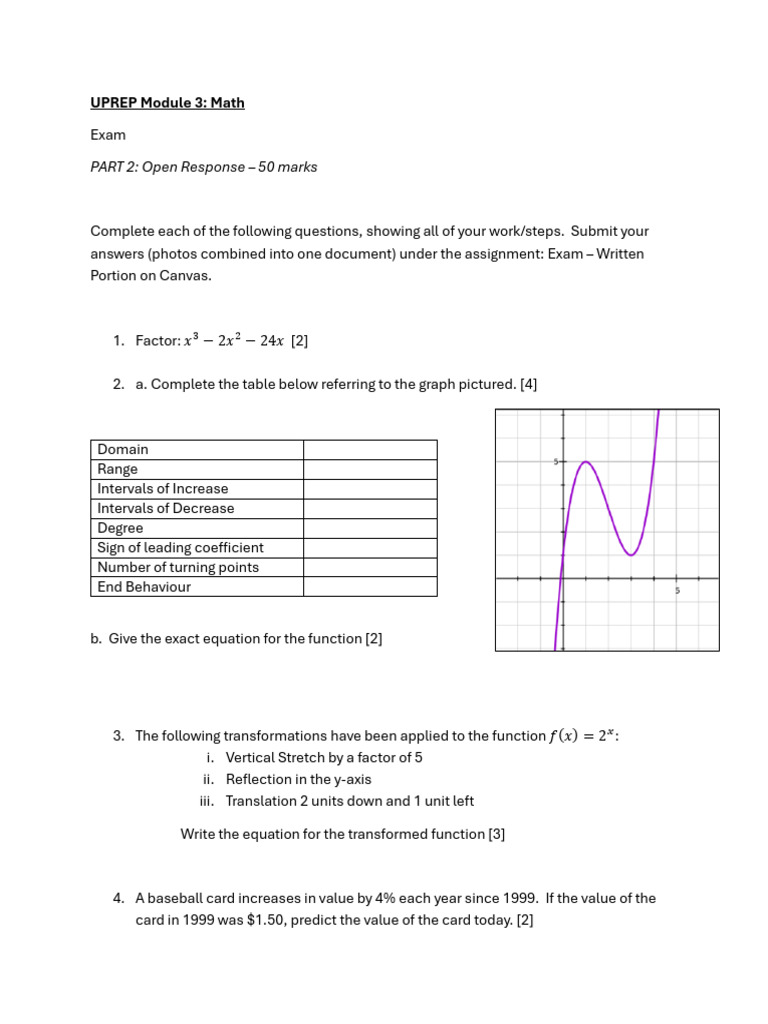 UPREP Math Exam Part 2: Open Response | PDF