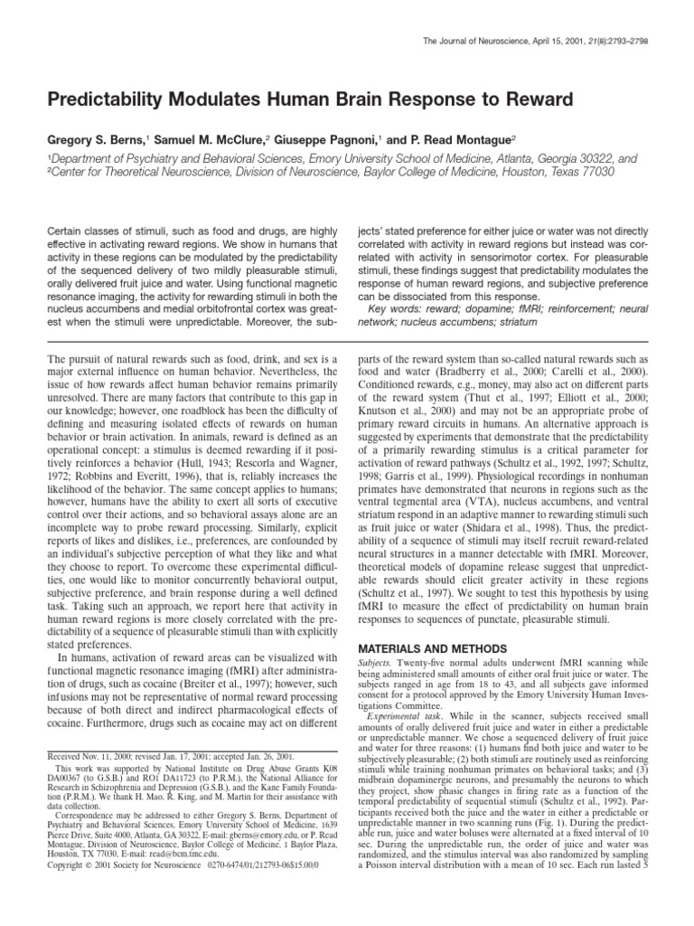 Predictability Affects Brain Reward Response | PDF | Reward System ...