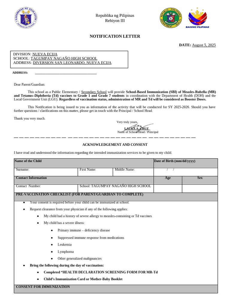 School Immunization Notification 2025 | PDF | Vaccination | Immunology