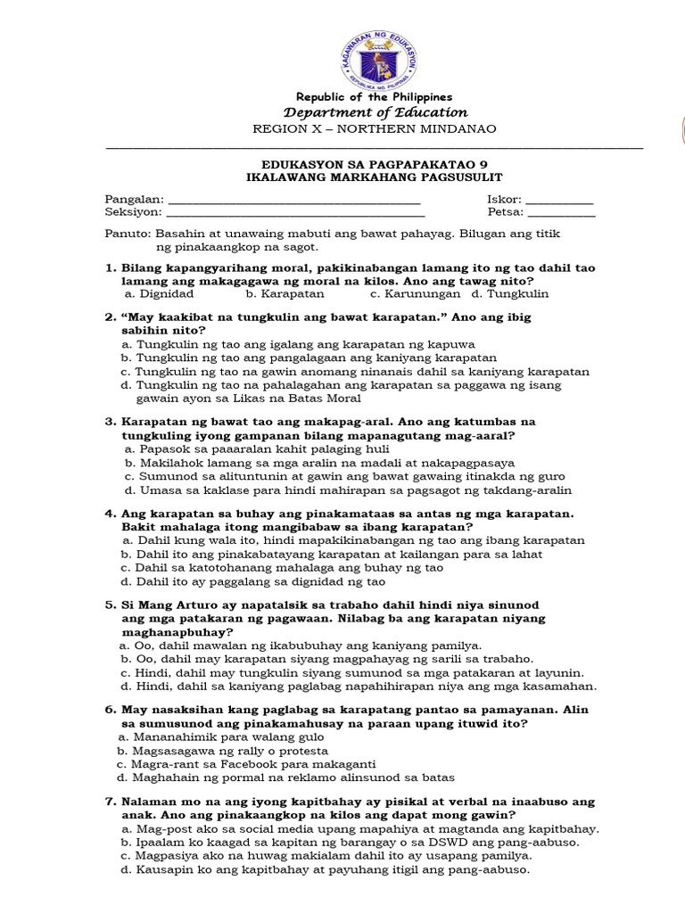 Grade 9 Values Education 2nd Q RUQA Test Questions | PDF