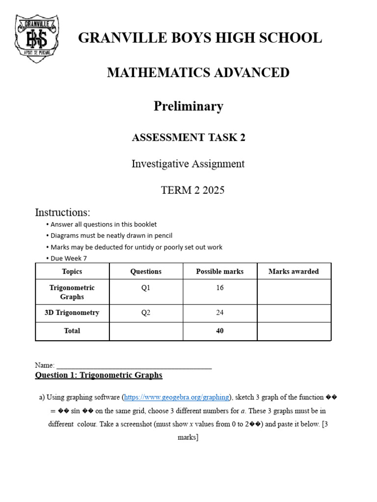 Advanced Mathematics Assessment Task | PDF | Trigonometry | Mathematics