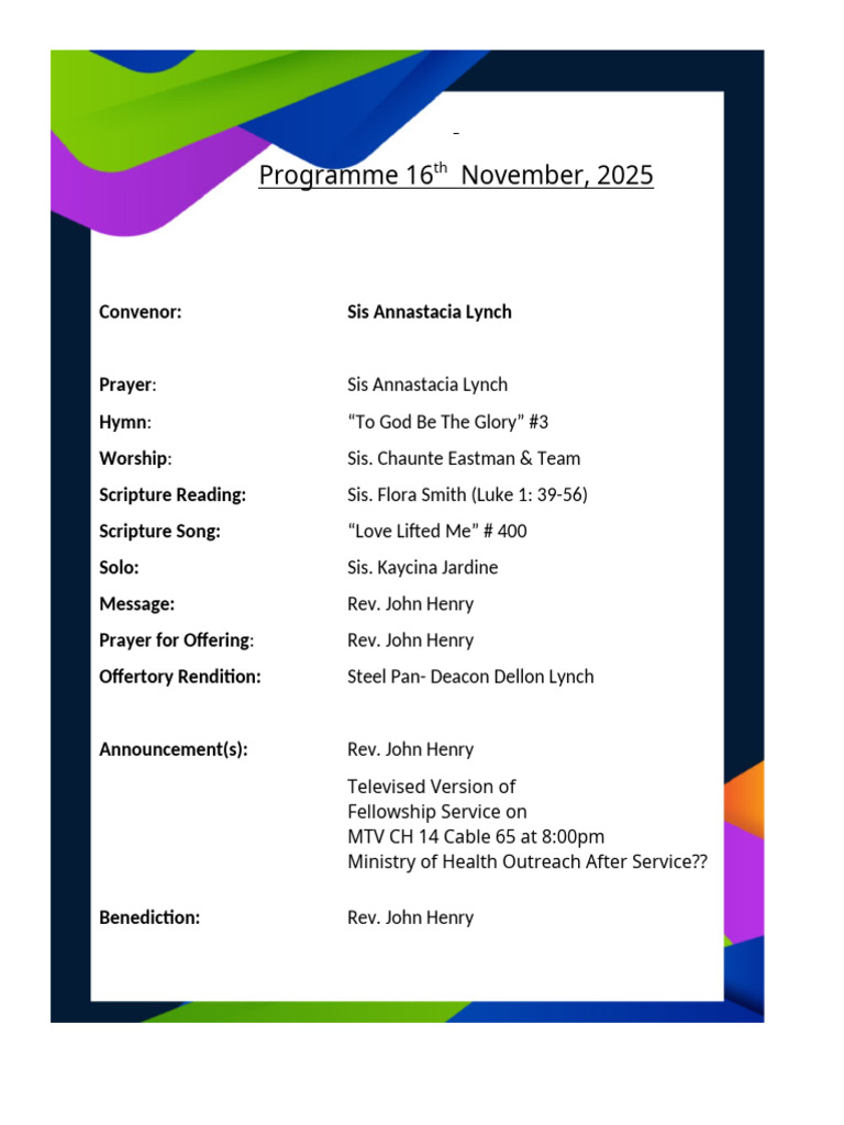 November 2025 Fellowship Service Agenda | PDF