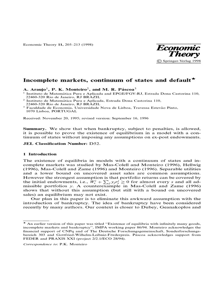 Equilibrium in Incomplete Markets with Default | PDF | Utility ...