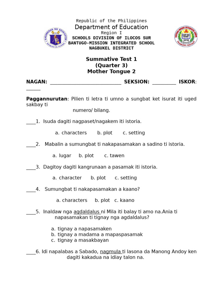Summative Test 1 q3 in MTB 2 | PDF