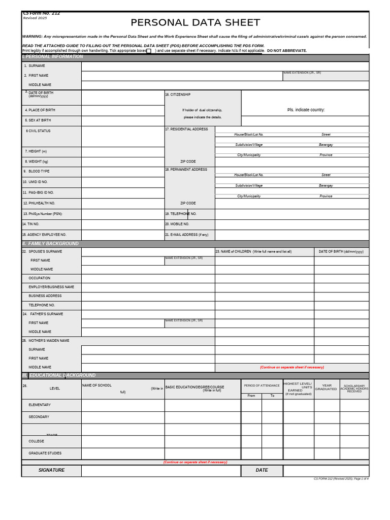 Personal Data Sheet Template 2025 | PDF | Government And Personhood ...