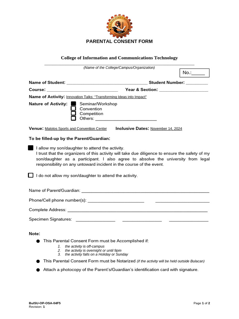 Parental Consent Form for Student Activity | PDF