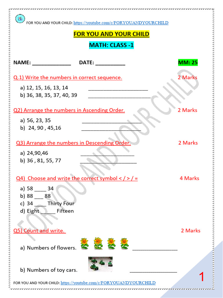 Class 1 Math 1 Entrance Test Sample Paper Pdf