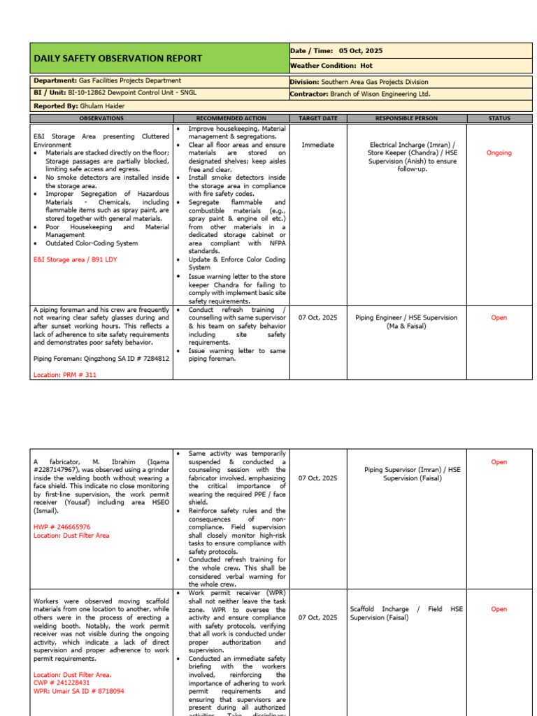 Daily Safety Observation Report - Oct 2025 | PDF | Fire Safety | Safety