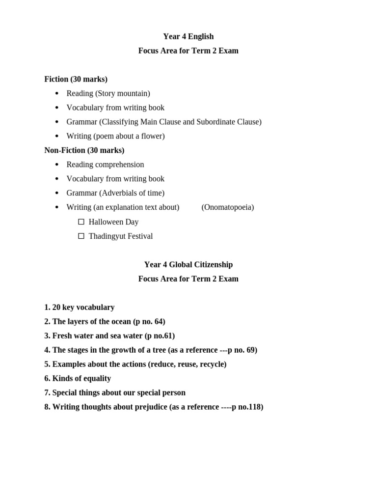 Year 4 English (Focus Area for Term 2 Exam) | PDF
