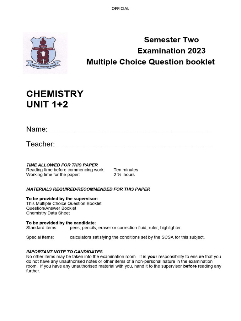 2023 - Willo Chemistry - Multiple Choice Questions | PDF | High ...