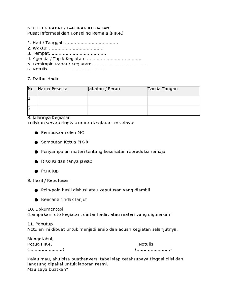 Notulen Kegiatan PIK Remaja Januari | PDF