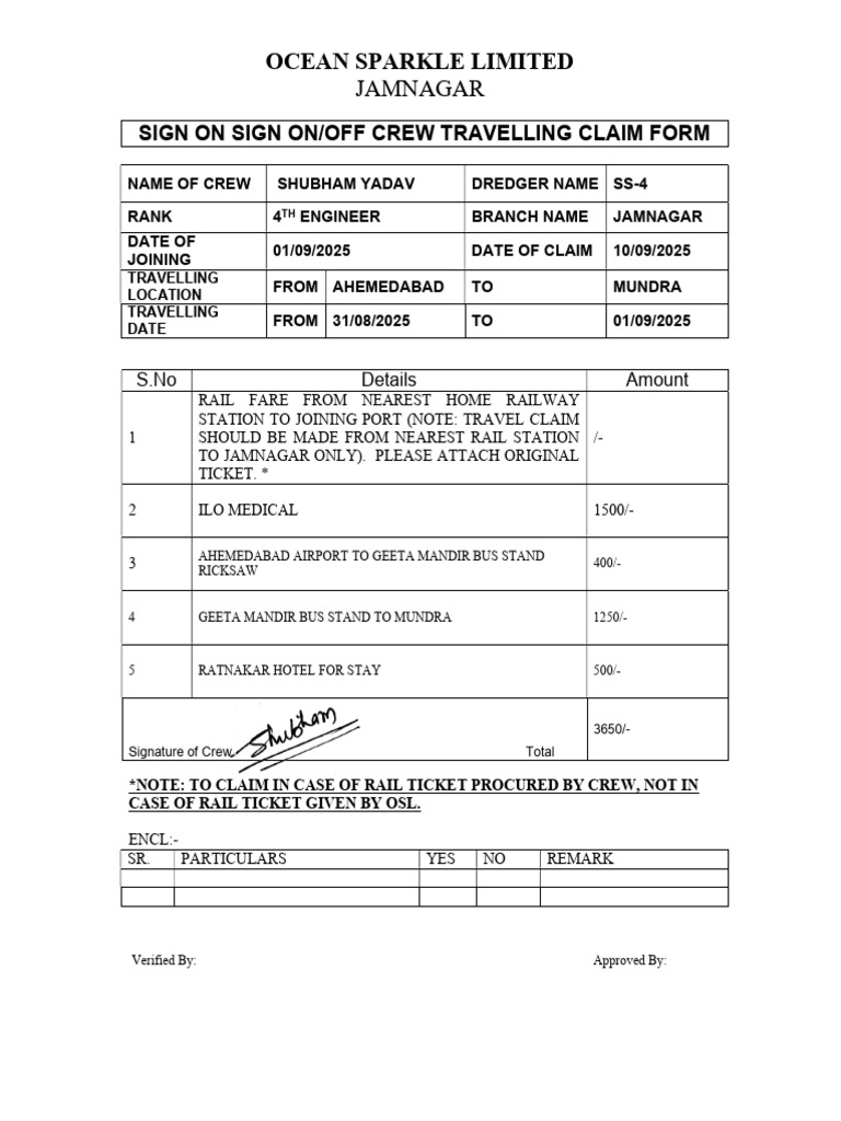 Crew Travel Claim Form - Ocean Sparkle | PDF