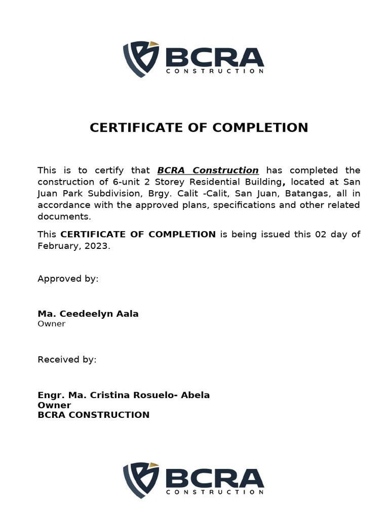 BCRA Construction Completion Certificates | PDF