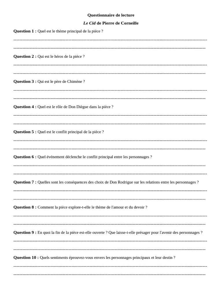 Questionnaire sur Le Cid de Corneille | PDF | Tragédie