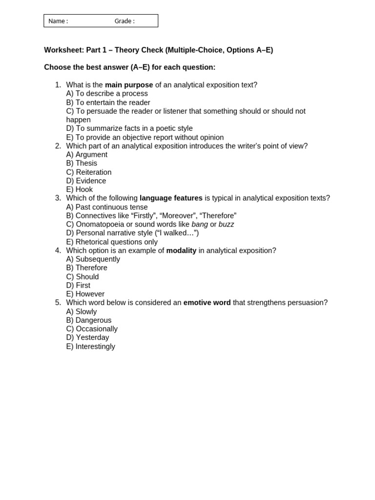 Analytical Exposition Theory Worksheet | PDF | Verb | Water