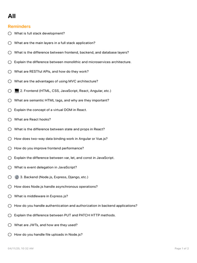 Full Stack Development FAQs Guide | PDF | Java Script | Databases