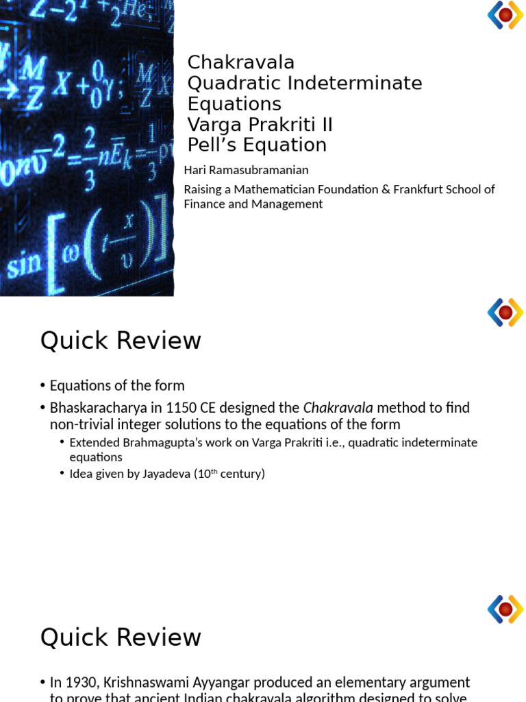 Chakravala Method and Pell's Equation | PDF | Elementary Mathematics ...