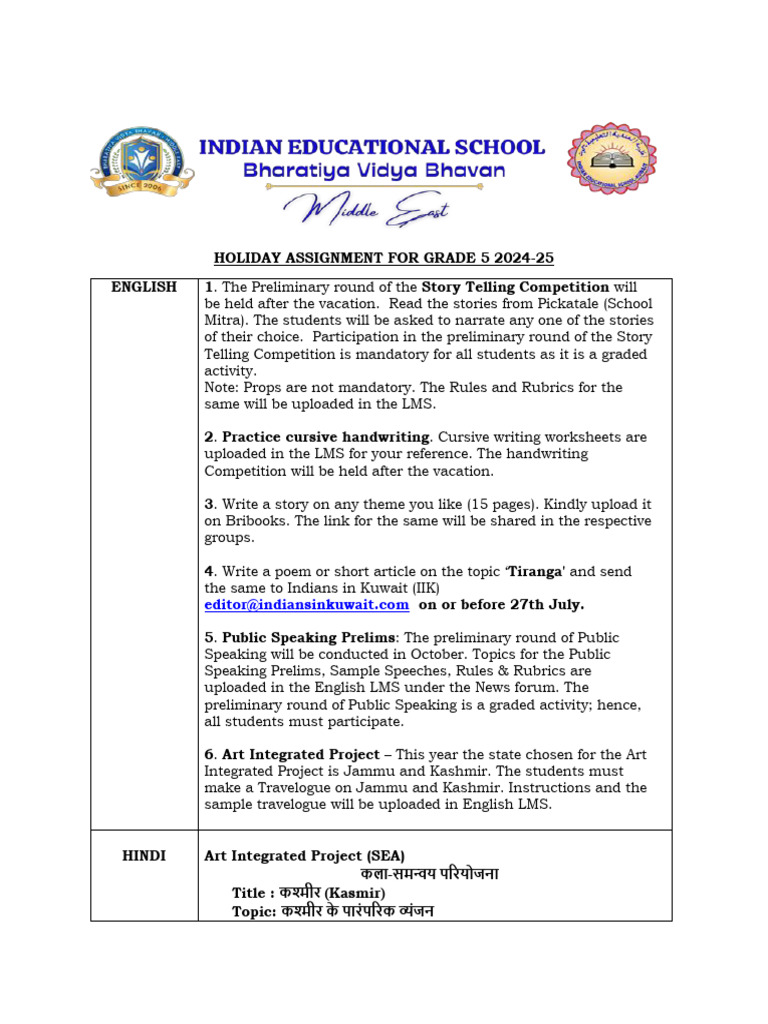 Holiday Assignment For Grade 5 2024 | PDF
