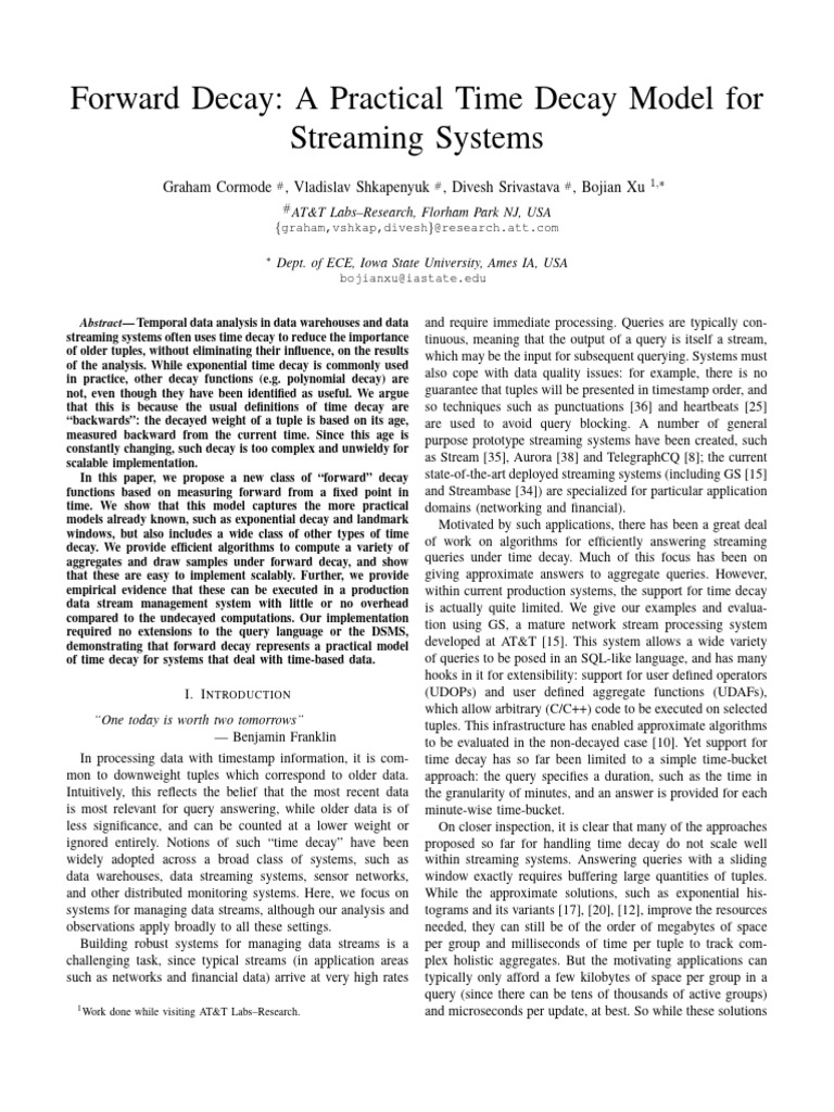 Forward Decay: A Practical Time Decay Model For Streaming Systems | PDF ...