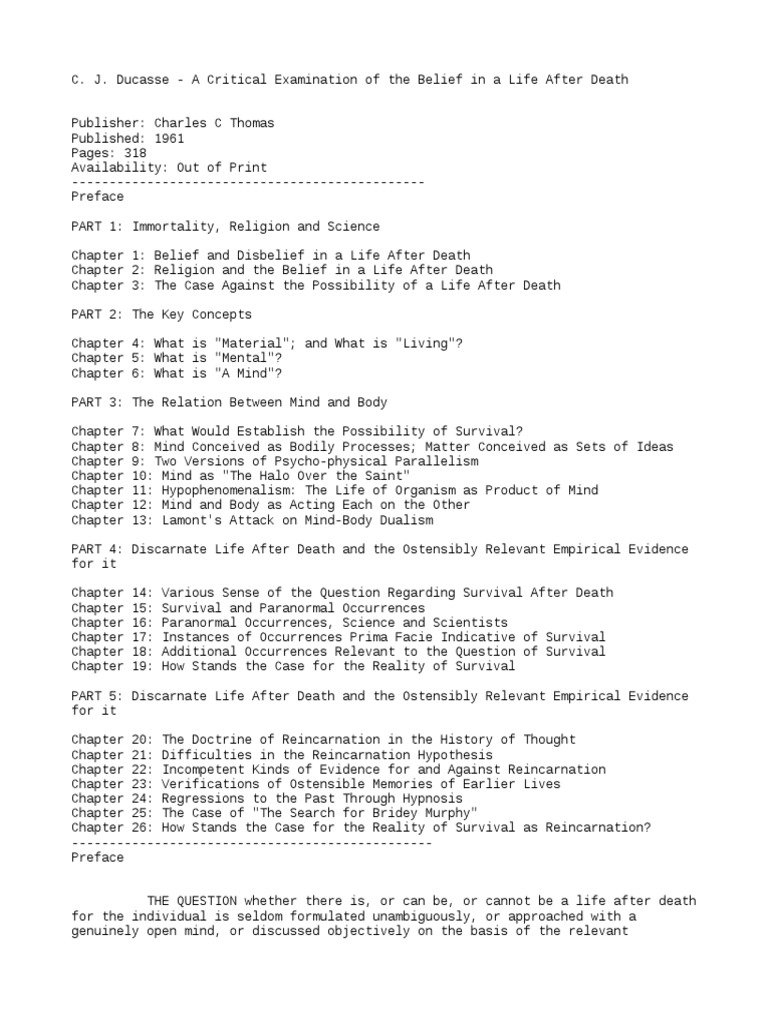 C J Ducasse A Critical Examination Of The Belief In A Life After Death Pdf Argument Consciousness