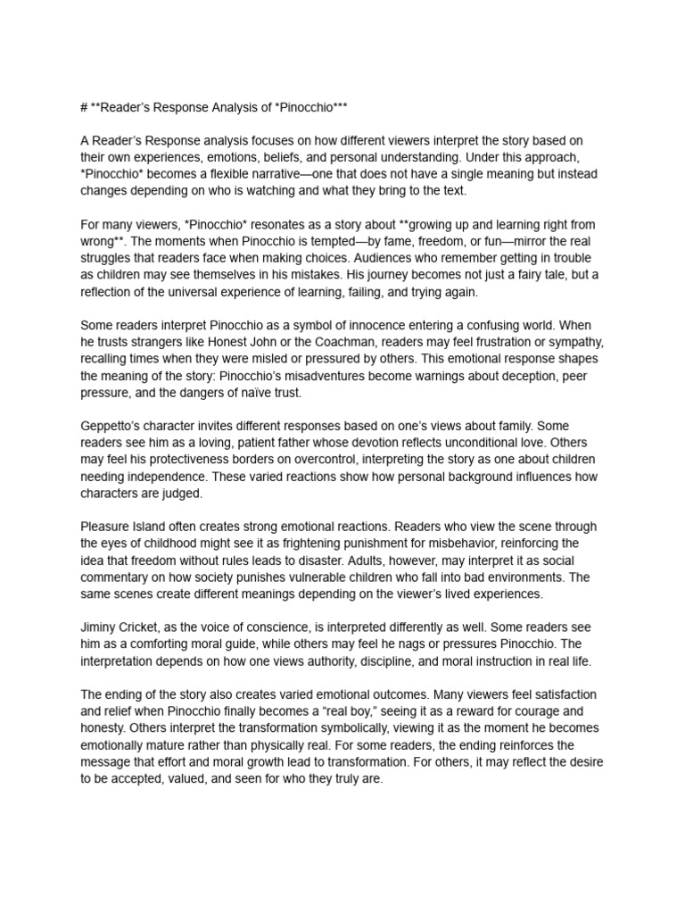 Reader's Response to *Pinocchio* Analysis | PDF | Pinocchio | Psychology