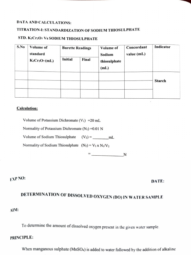 Chemistry Exp-4 Determination of Dissolved Oxygen in Water Sample | PDF ...