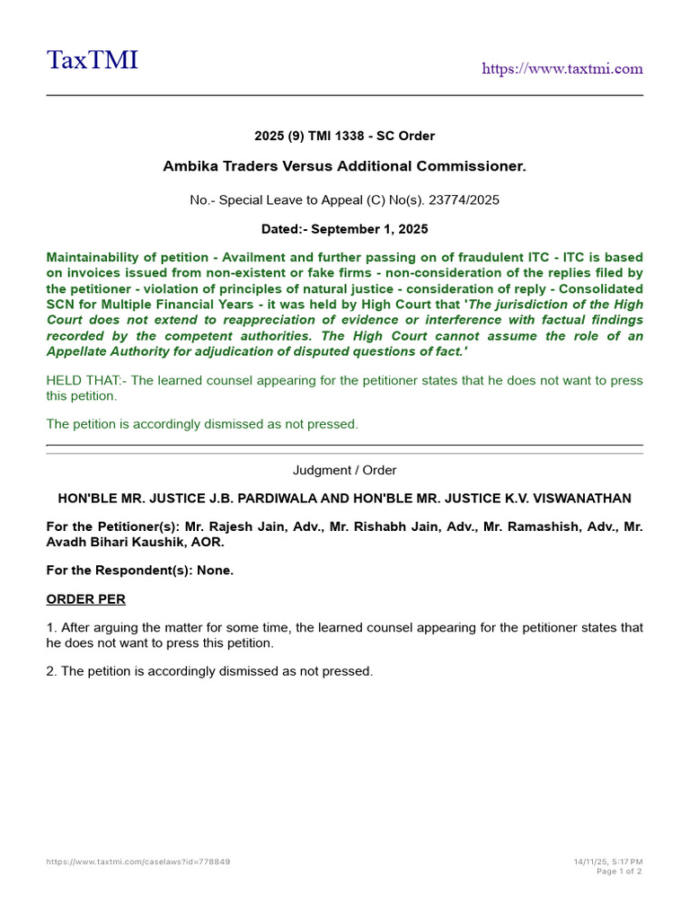 SC Order on Ambika Traders ITC Petition | PDF