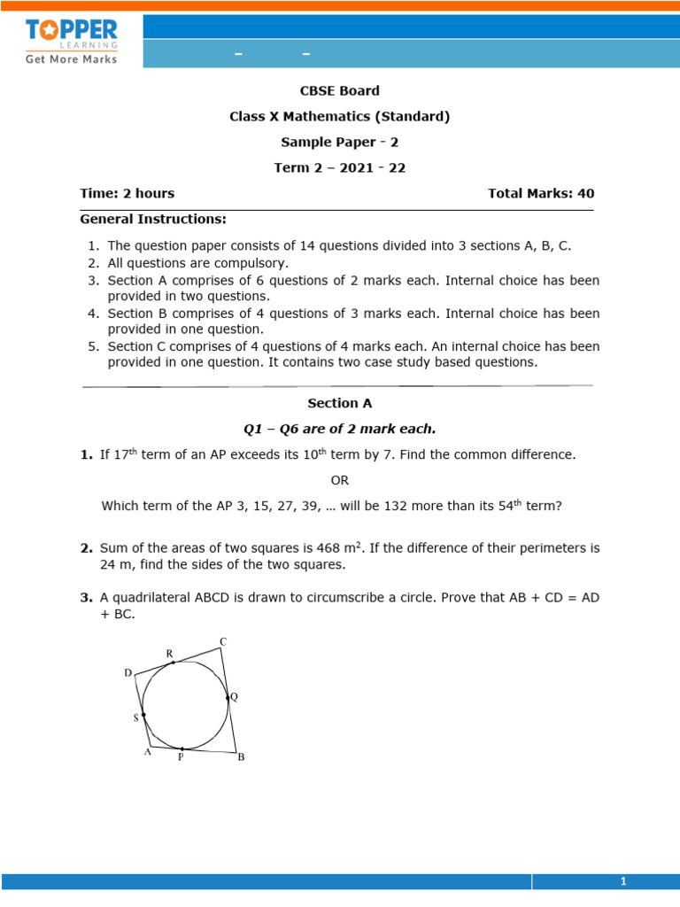 CBSE Class X Math Sample Paper 2021-22 | PDF | Circle | Sphere