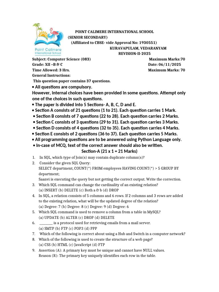 Computer Science Exam Paper 2025 | PDF | Table (Database) | Computing