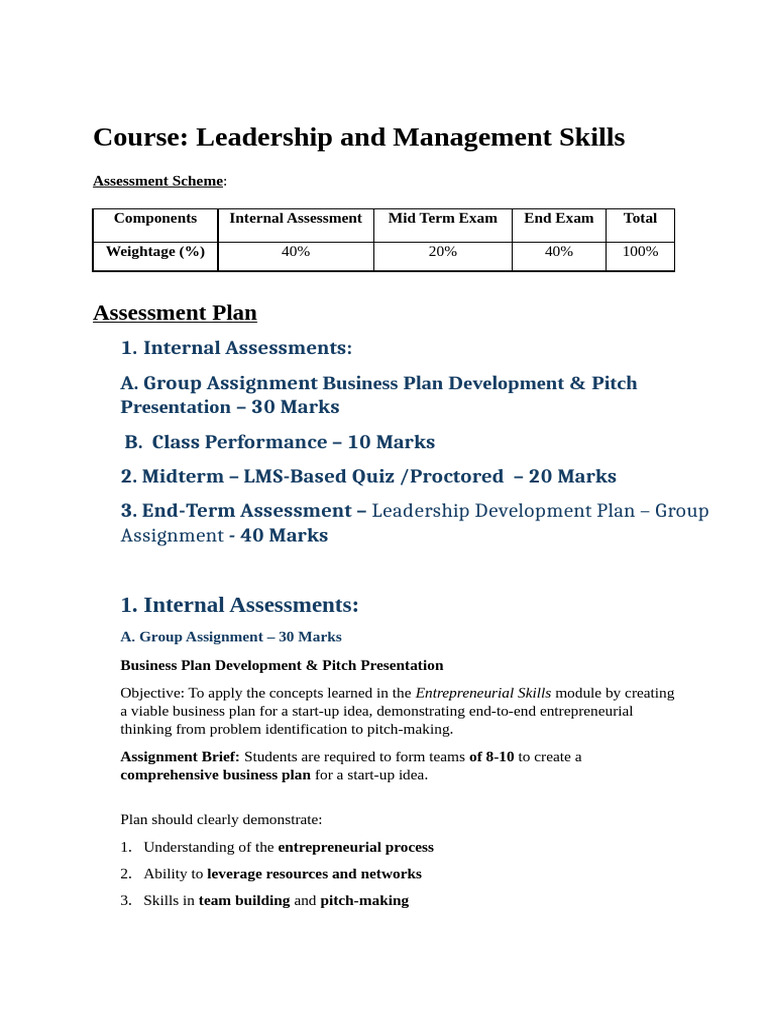 Leadership and Management Skills Course Outline | PDF | Startup Company ...