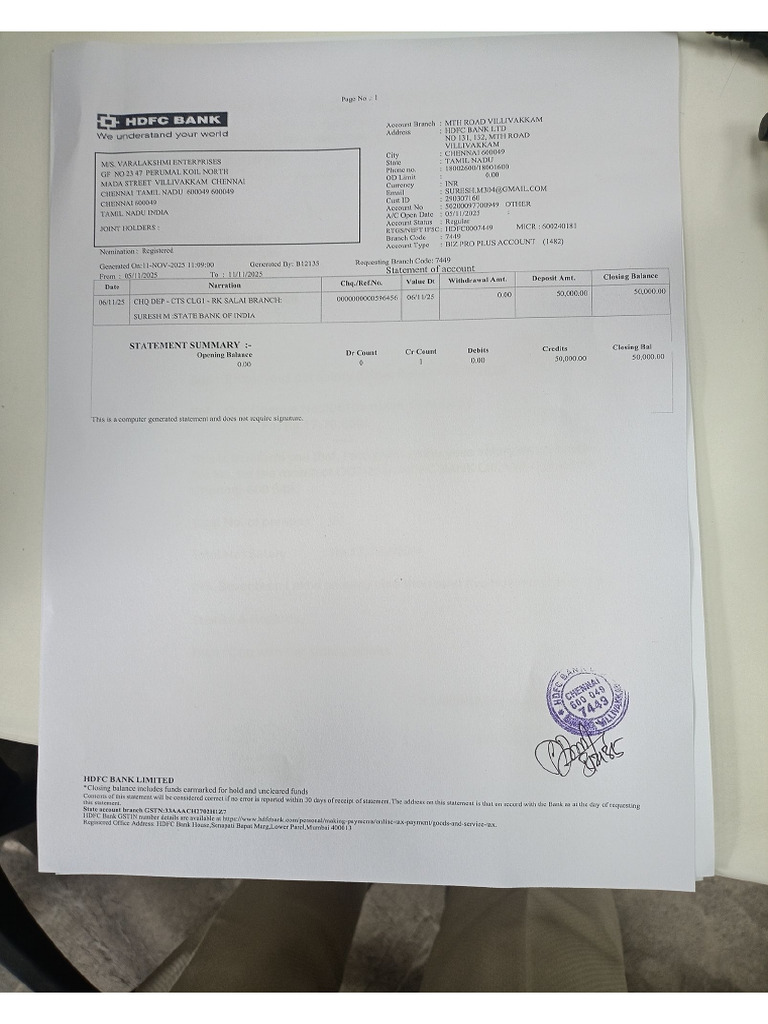 Varalakshmi Ent Bank Statement | PDF