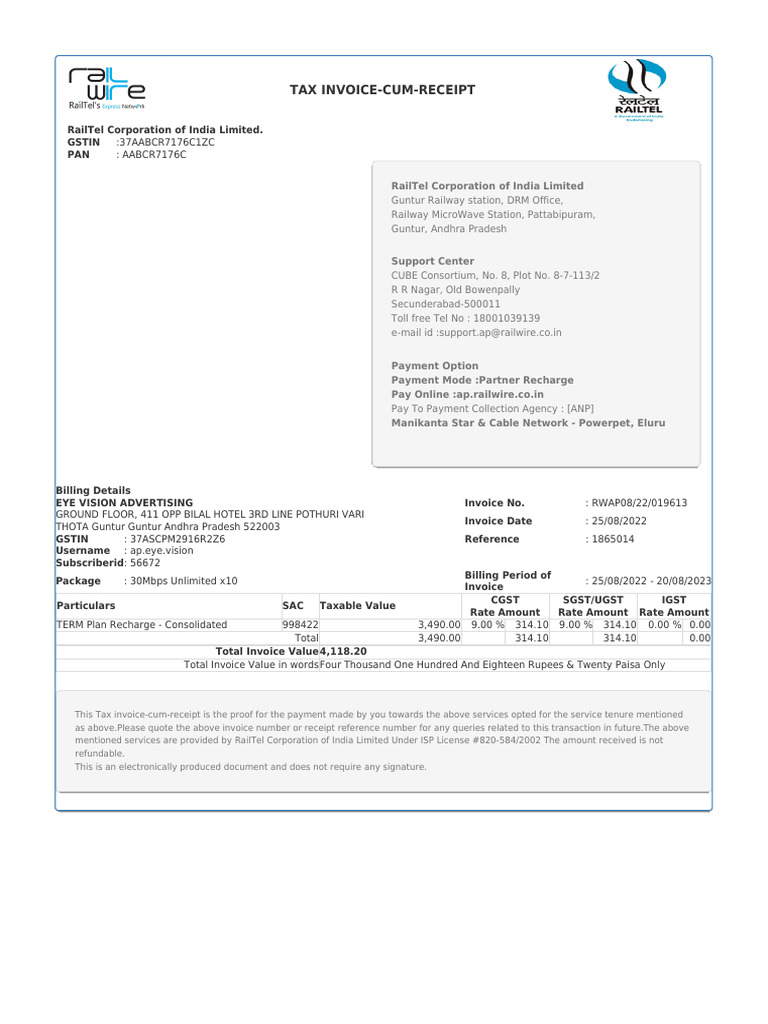 Railwire Subscriber Invoice | PDF | Government Finances | Taxes