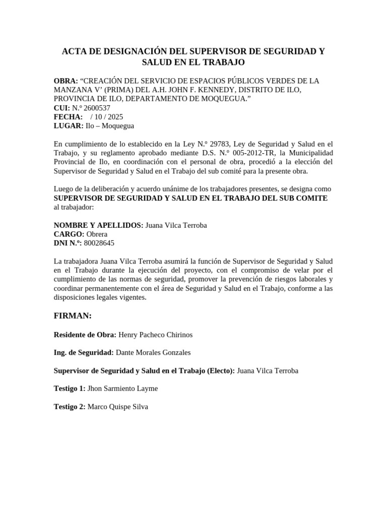 Acta de Designación Del Supervisor de Seguridad y Salud en El Trabajo | PDF
