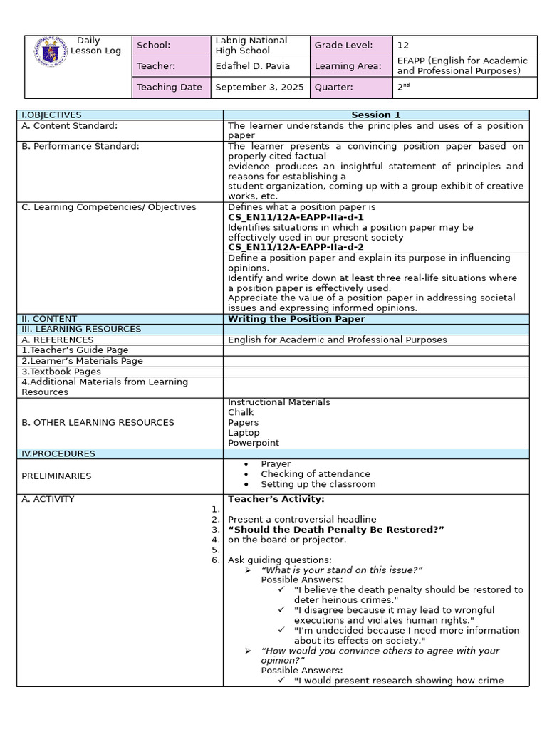 Position Paper Writing Guide for Students | PDF | Evidence | Learning